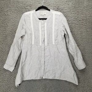 Jones New York Top Womens Medium Light Gray Linen Button Up Blouse